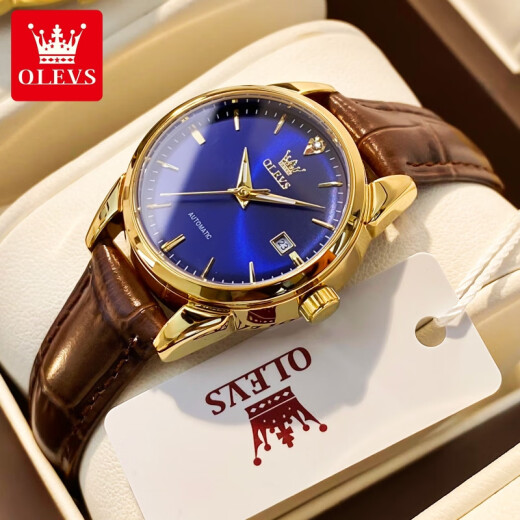 
OLEVS Swiss certified brand watch women's fully automatic mechanical watch calendar luminous waterproof high-end quartz watch [Mechanical watch] Brown leather gold blue surface-6629