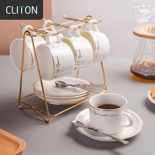 CLITON coffee cup and saucer set European-style gold-rimmed ceramic cup Western-style black tea cup breakfast cup milk cup 6 cups 6 saucers 6 + cup holder