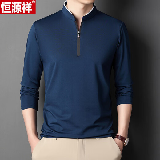 恒源祥国潮长袖T恤丝光棉衣服男装立领纯色带拉链上衣秋季中年时尚体恤 6623黑色 185/3XL建议170-190斤