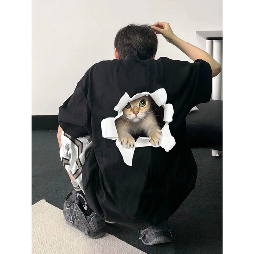 迪伽达短袖t恤男士夏季新款美式潮牌潮流设计感猫咪打底衫情侣五分半袖 MSL-C683白色（在后） XL （尺码偏小建议大一码）
