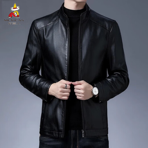 稻草人皮衣男秋冬新款加绒立领皮夹克男商务休闲外套仿皮机车服 黑色 2XL (185)