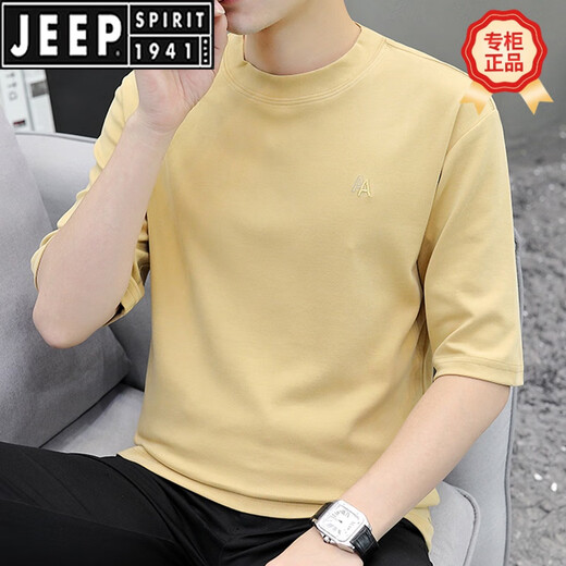 JEEP SPIRIT men's short-sleeved T-shirt, seven-quarter sleeve trendy brand INS round neck loose 2025 summer new half-sleeved top mid-sleeved T-shirt QD659 black XL [135-150Jin[Jin equals 0.5 kg]]