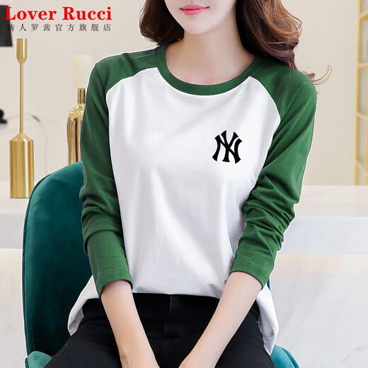 LOVER RUCCI French European women's long-sleeved versatile loose raglan sleeve T-shirt spring and autumn new pure cotton T-shirt women's casual gray blue sleeves (regular style) black picture, right chest L