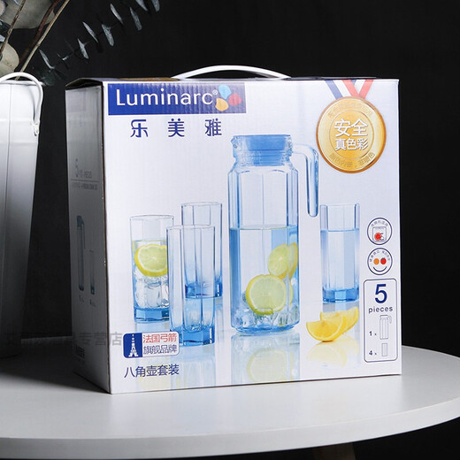 French Lemeiya glass cup, hot water resistant cup, cold kettle set, household tea cup, cold kettle set, high temperature resistant octagonal cup, ice blue octagonal water set, 5-piece set