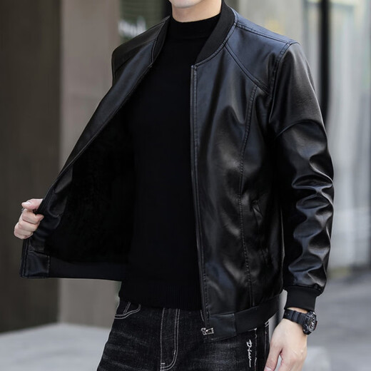 ACLOSMIL 2024 Spring and Winter Men's Baseball Collar Men's Leather Jacket Jacket PU Leather Plus Velvet Thickened Live Broadcast Black Baseball Collar Velvet XL54/170-175CM (130-145Jin Jin is equal to 0.5 kg)