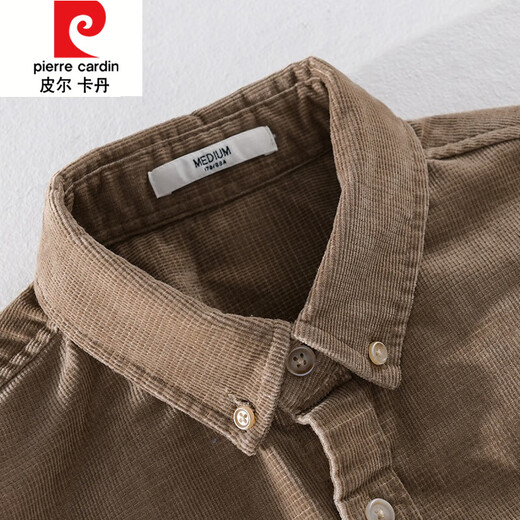 皮尔卡丹（pierre cardin）春秋季加绒长袖衬衫男灯芯绒外套加厚宽松休闲条绒棉衬衣纯色上衣 9755款-卡其色 常规 M 【105左右】