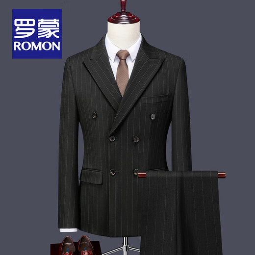 ROMON high-end customized British suit for men, groom, wedding, double-breasted striped suit, men's business formal suit, gray stripe = suit + pants + shirt, 3XL size