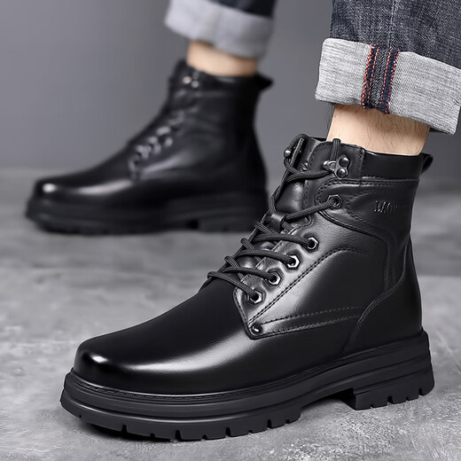 Alte Herrenlederschuhe Herren echte Leder Martin Boots Winter warmes Fell integrierte Wollschnee Stiefel Großgröße Arbeitspeare Herrenstiefel LRT-3518 Schwarzer Schnürholz-Wollstil 40 Standard Lederschuhgröße