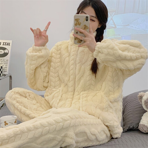 加绒睡衣女秋冬保暖加厚珊瑚绒家居服开衫拉链简约纯色法兰绒套装 HS983米白提花拉链 M