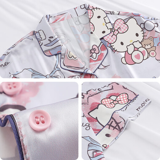 韩姿朵hellokitty凯蒂猫三件套睡衣女夏冰丝短袖短裤长裤仿真丝绸家居服 3893 XXL