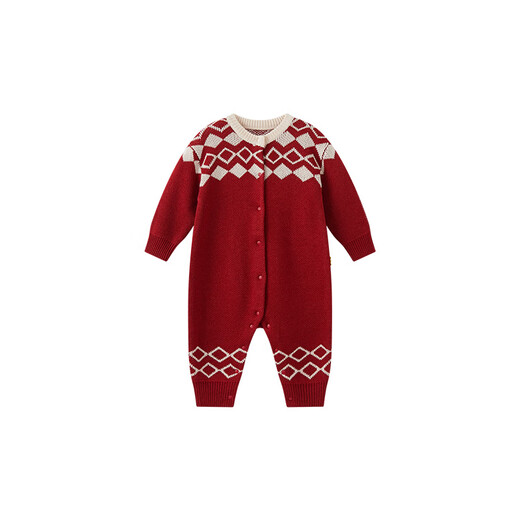 Papa crawling winter baby jumpsuit for men and women new year woolen jacquard warm and comfortable red 90cm
