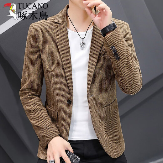 啄木鸟（TUCANO）春秋灯芯绒小西装男韩版潮流修身西服外套男士单西帅气休闲上衣服 卡其色 L （105-120斤）