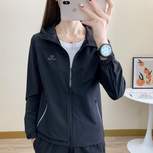 TECTOP outdoor sports spring and autumn wear-resistant breathable stretch windbreaker jacket hooded running fitness wear thin casual jacket top women's classic black 3XL