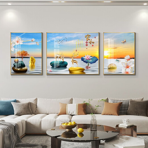 Tongdi Moderne einfache Wohnzimmer Dekoration Malerei Sofa Hintergrund Wandmalerei Gemälde Neue chinesische Stil Glattes Hängsmalhalle Wandmalmalerei 9 Zuhause und Reichtum 15686 Porzellan Diamant Inlay in der Mitte 140*90 Seite 70*90 Gold Rahmen