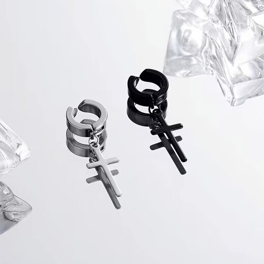 Core luxury cross ear clips for men, trendy American cool and handsome boys' earrings, no punching, no piercings, fake earrings, trendy men's ear jewelry, a pair of black ear clips