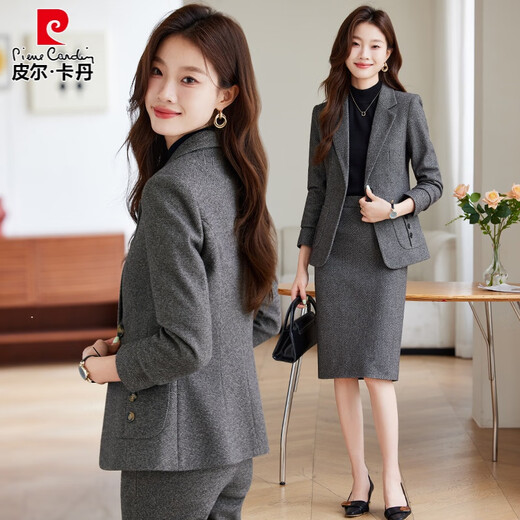 Pierre Cardin woolen blazer women's 2025 new autumn and winter thickened professional temperament work clothes suit suit dark gray suit + trousers XL