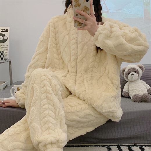 加绒睡衣女秋冬保暖加厚珊瑚绒家居服开衫拉链简约纯色法兰绒套装 HS983米白提花拉链 M