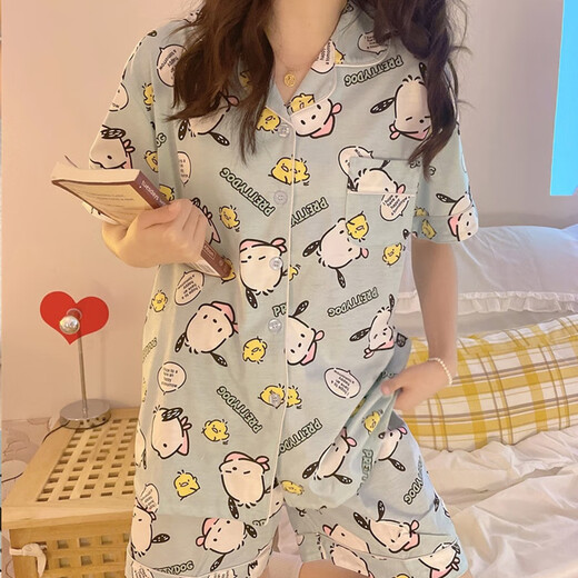 莫贝海卡通帕恰狗睡衣少女夏季棉短袖短裤学生日系可爱休闲薄款两件套 6173#双短波点凯蒂猫 粉色 2XL