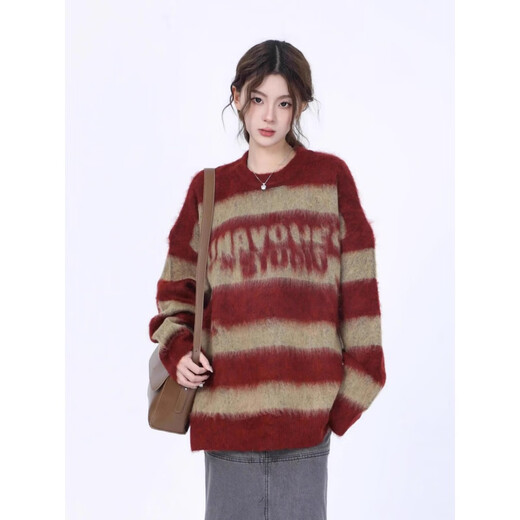 冉艺岚美式古着条纹毛衣女加厚仿貂绒2024新款秋冬季软糯慵懒外穿针织衣 红色#国潮my9214 M