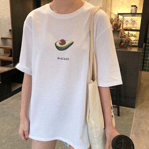 Langyue women's summer fashion short-sleeved T-shirt Korean style casual loose printed female student top mid-length half-sleeved bottoming shirt trendy LWTD2034T9 white avocado M