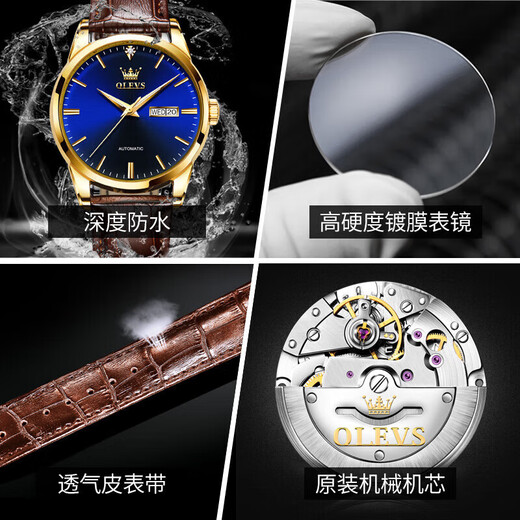 OLEVS Swiss Certified Pare Pare Watch Mechanical Watch Полностью автоматическая водонепроницаемая светящаяся пара Смотрите новогодний подарок для любовника [версия Collector 6629] Коричневая кожаная синяя пара [пожизненная гарантия]