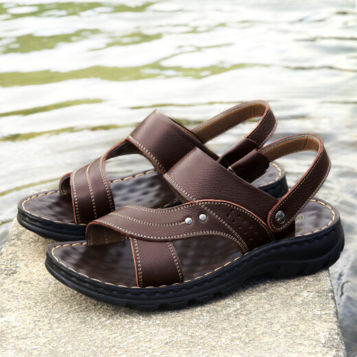 Summer sandals men genuine leather 2020 new men's beach shoes large size non-slip middle-aged and elderly daddy slippers outside wear 12129-Black 38
