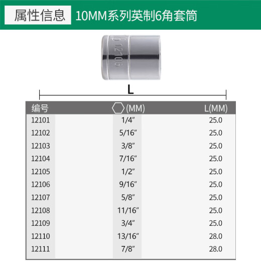 Tool 10MM Zhongfei Iron Hexagonal Sleeve Head 6 Angle Auto Repair Auto Repair Sleeve 12101-12111 12101 (1/4)