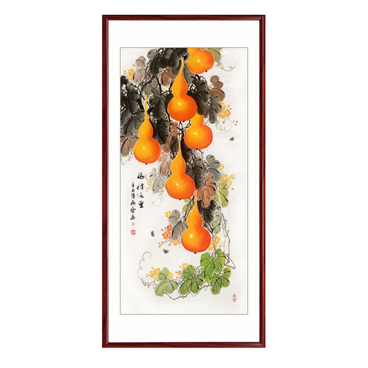 Youxian Wufu Gourd Hanging Painting Porch Decorative Painting Chinese-style Traditional Chinese Painting Entry Porch Corridor Aisle Vertical Ink Painting Fulu Mantang (right-angle rosewood color) solid wood with frame 123*63 cm