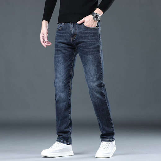 CANELIN KISKHA high-quality jeans for men in spring and autumn slim straight black men's pants stretch plus velvet men's casual long pants men 2049 blue regular size 36