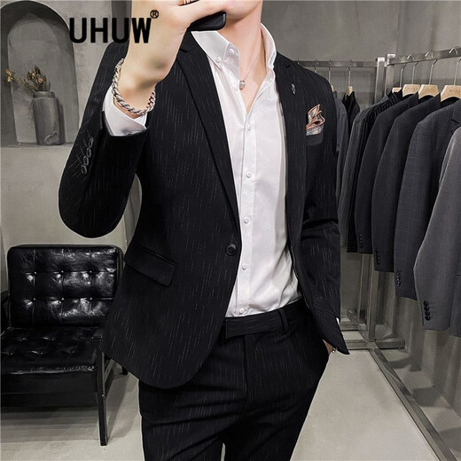 
UHUW suit men's striped men's slim Korean style casual small suit business formal wear groom wedding dress dark gray suit + trousers + vest) shirt + tie 3XL