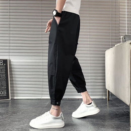 Fini Dongjue gutaussehende Hosen für Männer in der Sommerdünne Modemarke kleine Füße Arbeitspezier Neun-Punkte-Männer Internet Promi Lose Slim Harren Prise Hose K057 Black L 10-125jin [Jin gleich 0,5 kg]