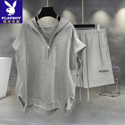 Playboy Extra großer Größe 300 Jin [Jin ist gleich 0,5 kg] Herren-Casual Sports Summer Anzugsouse-Weste Halb-Reißverschluss-Jungen cooler und gutaussehender Outfit-Anzug Sommer 723 Graues Top + D10 Black Shorts XL [Vorgeschlagen 126-165 Jin [Jin gleich 0,5 kg]]
