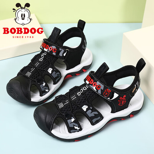 巴布豆（BOBDOG）童鞋男童凉鞋夏季新款时尚透气儿童包头沙滩鞋软底防滑旋转扣鞋子 902黑红色 39 码/内长24.5cm