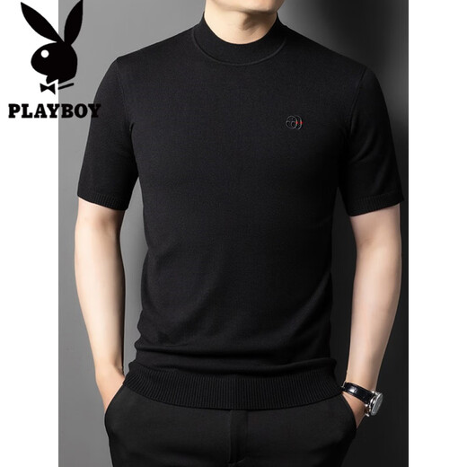 花花公子（PLAYBOY）针织半袖男春秋冬款羊毛衫短袖毛衣加厚冬季男士五分袖厚款土t恤 12121黑色 L 建议120-140斤