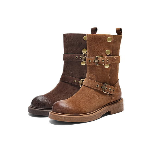 百丽潮流马丁靴女25冬新商场同款按扣短靴E7Z1DDZ5 啡色 38