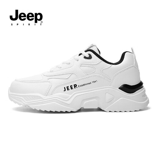 JEEP SPIRIT吉普男鞋夏季2025新款休闲户外跑步运动鞋子男士增高厚底老爹鞋 白黑 42