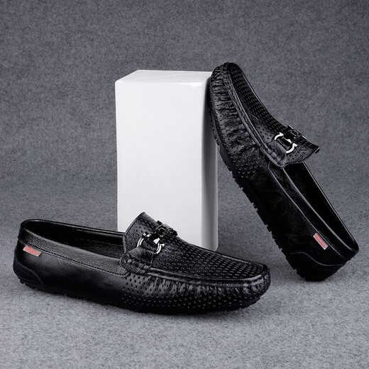 Genuine leather beans shoes Korean style men's casual leather shoes soft sole men's shoes fashionable breathable business lazy shoes men's trendy shoes Mingtao 9905 black (hollow style) 40