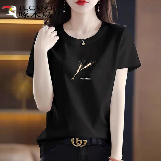 Holzspecker reines Baumwoll-T-Shirt für Frauen kurzärmelig 2025 Sommer Neu lose locker einfaches modisches T-Shirt Top für Frauen 6193 Lederpulver L 105-120jin [Jin ist gleich 0,5 kg]