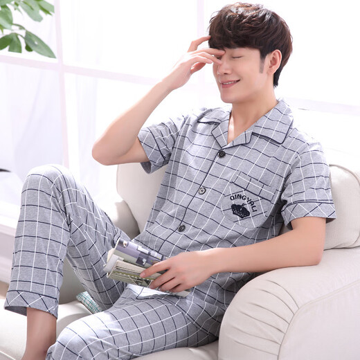 Langsha (Langsha) reines Baumwollpyjama für Männer im Frühling und Sommer kurzärmelige Hose in Sommer-Size-Strickjacken für Home-Kleidung zweiteiliger Set Thin Style 691 M Trage 90-100 Jin [Jin gleich 0,5 kg]