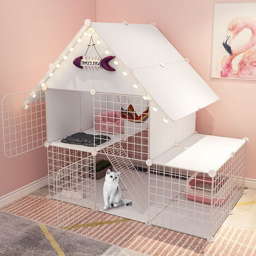 Cat Cage Home Indoor Cat Villa with Toilet Clearance Large Extra Large Free Space Small Cat Nest Cattery Three-story Small Bungalow + Elegant White - Multi-layer Platform Exclusive Model Hardcover Model + Cat Litter Box + Dual-Purpose Cat Bowl
