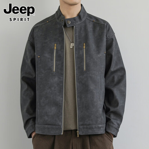 JEEP Men's Leather Jacket Autumn Retro Stand Collar Aviator Leather Jacket Casual Handsome Motorcycle Jacket Men's Versatile Trend 193 Bean Green XL