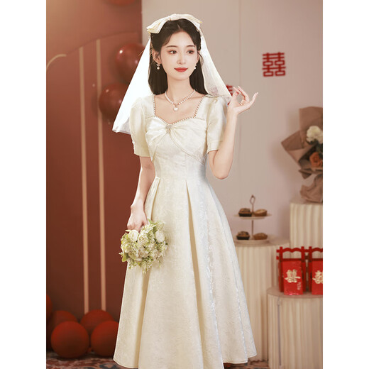 麦斯贝思白色礼服女宴会晚礼服订婚连衣裙日常可穿领证登记小白裙小个子夏 白色 M 建议96-105斤