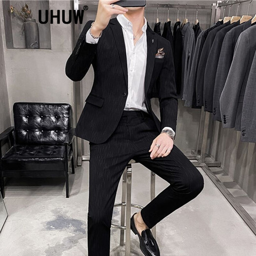 
UHUW suit men's striped men's slim Korean style casual small suit business formal wear groom wedding dress dark gray suit + trousers + vest) shirt + tie 3XL