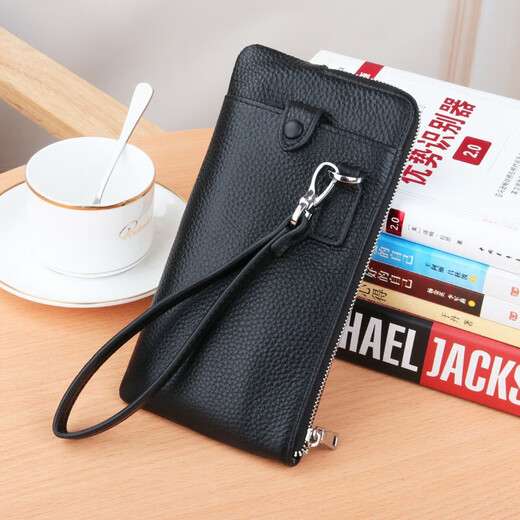 
BARNOROO Long Zipper Real Cowhide Small Handbag Men's Wallet Soft Leather Mobile Phone Bag Summer Multi-Function Clutch Men's Black Small (Size: 20*10)