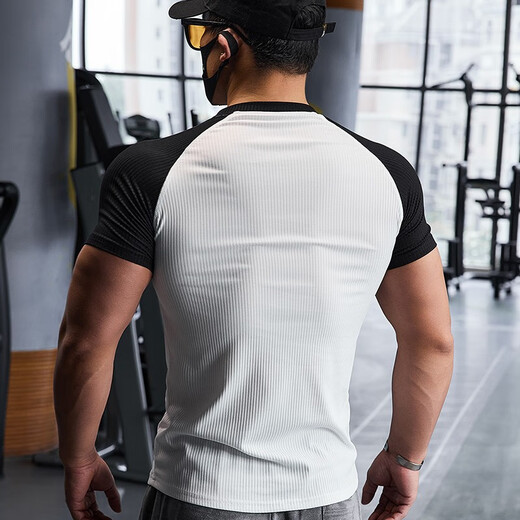 Lutielang sports tights men's quick-drying short-sleeved T-shirt running fitness clothes handsome muscle training elastic breathable autumn white L