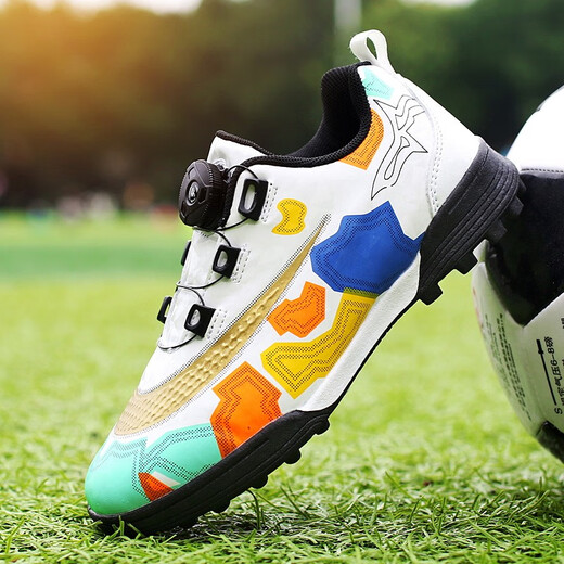 Feelaces Children's Rotary Button Schnürfußballschuhe Trainingschuhe TF gebrochene Nägel Jungen und Mädchen Mittelschüler Künstliche Gras-Sneaker 9893 Weiß 30