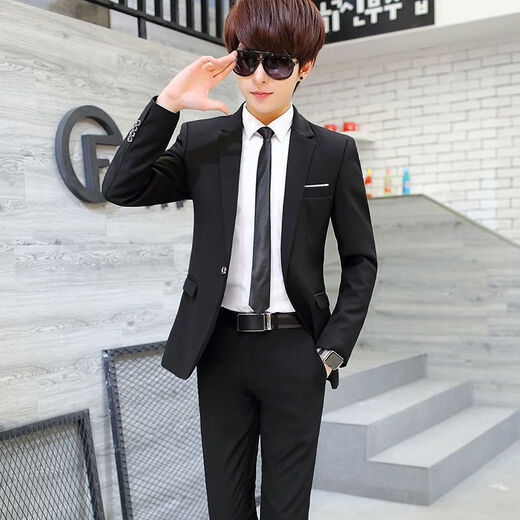 Autumn black suit for men, handsome college student, middle and high school student graduation photo suit, five-piece wedding dress, single button, black suit + white shirt + trousers + tie XL 121-134Jin Jin is equal to 0.5 kg