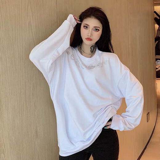 Shangjianfen women's niche 2025 spring and autumn new ins trendy brand hot diamond sweatshirt for women European and American heavy industry Sanskrit cross loose cross hot diamond sweatshirt - black high quality thin section XXS recommended 10Jin Jin equal to 0.5 kg or less