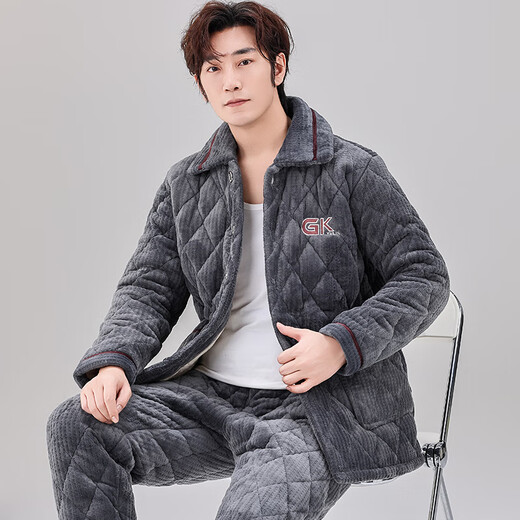 轩朵淇睡衣男士冬季三层加厚加绒珊瑚绒夹棉法兰绒保暖家居服套装秋冬款 C9902#黑灰色男【牛奶绒】 L(100-125斤)三层加厚