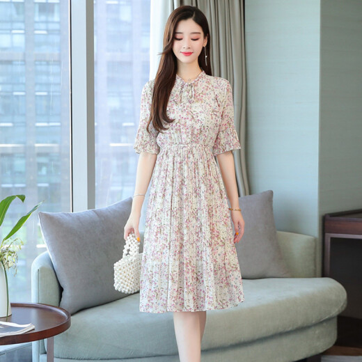 Yu Zhaolin Women's Korean Style Slim Fit Chiffon Floral Swing Skirt Fashionable Versatile Printed Short Sleeve Dress Female YWQZ203126 Beige M